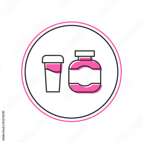 Filled outline Sports nutrition bodybuilding proteine power drink and food icon isolated on white background. Vector