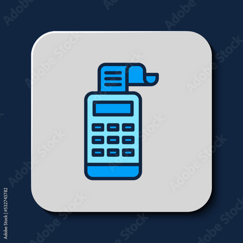 Filled outline Cash register machine with a check icon isolated on blue background. Cashier sign. Cashbox symbol. Vector