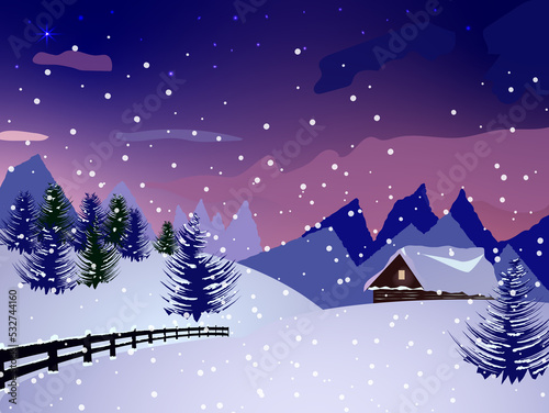 Snowy mountain night landscape illustration  