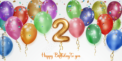 Festive birthday illustration with colored helium balloons, big number 2 golden foil balloon, flying shiny pieces of serpentine and inscription Happy Birthday on white background