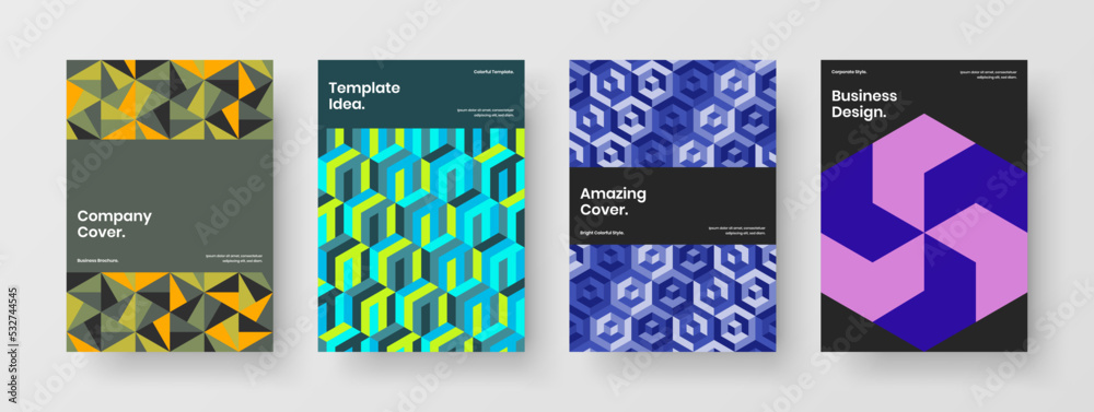 Premium geometric hexagons catalog cover illustration collection. Creative booklet vector design concept set.