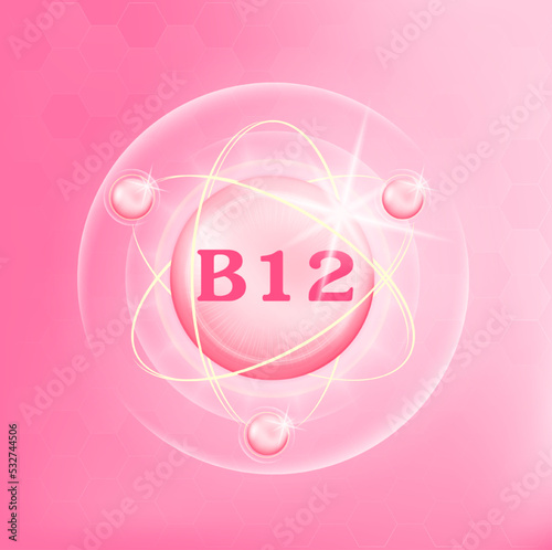 Vitamin B12 icon structure light pink substance. Medicine health symbol of thiamine. Drug business concept. Vector Illustration. 3D Vitamin complex with chemical formula. Personal care, beauty concept