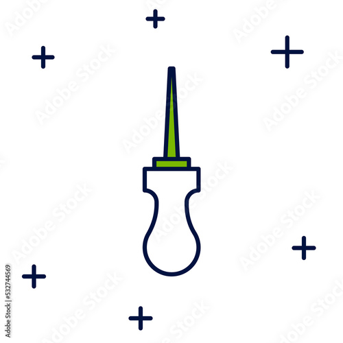 Filled outline Awl tool with wooden handle icon isolated on white background. Work equipment tailor industry. Vector