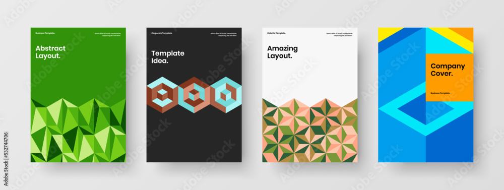 Fototapeta premium Abstract mosaic hexagons presentation illustration bundle. Isolated leaflet design vector layout set.
