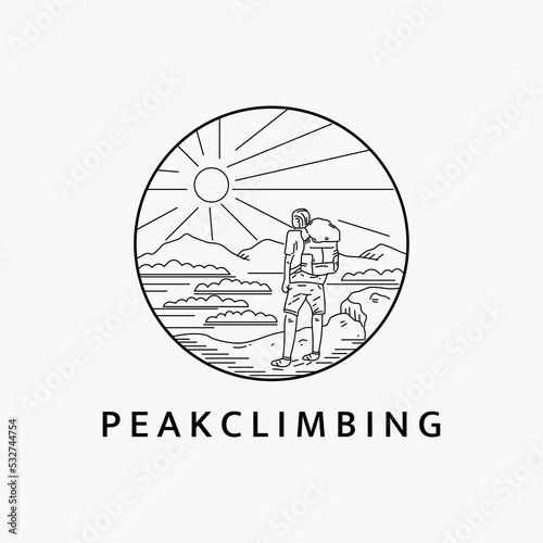 Minimalist line art logo illustration template design of man climbing the mountain