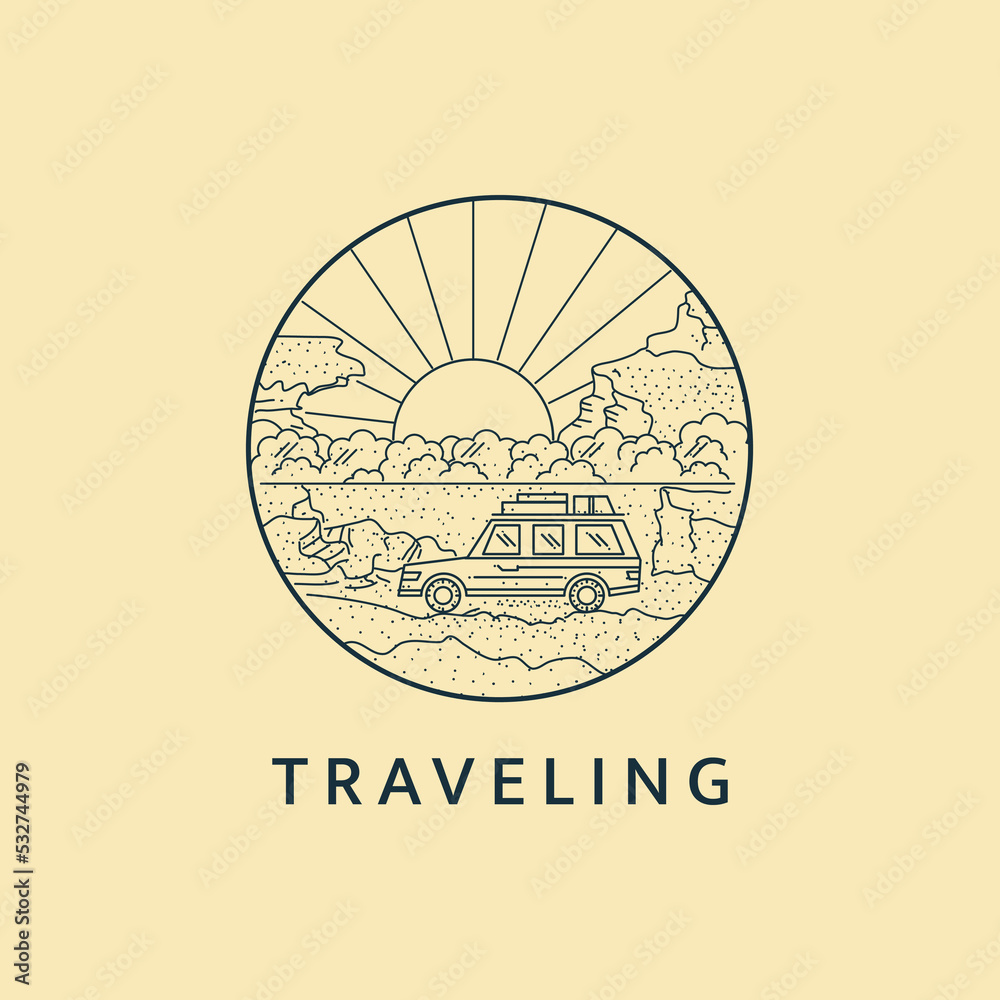 Fototapeta premium Minimalist traveling logo line art illustration template design with circle. Tour by car with beautiful views.