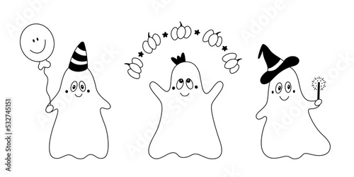 Vector doodle set of happy cute kind ghosts.Collection of festive kind cartoon childish halloween design elements.Outline.Isolated on white background.