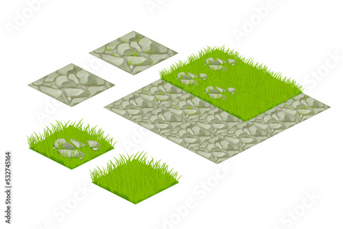 Set isometric tile lawn map elements grass, stones in cartoon style isolated on white background, constructor for app, ui. 
