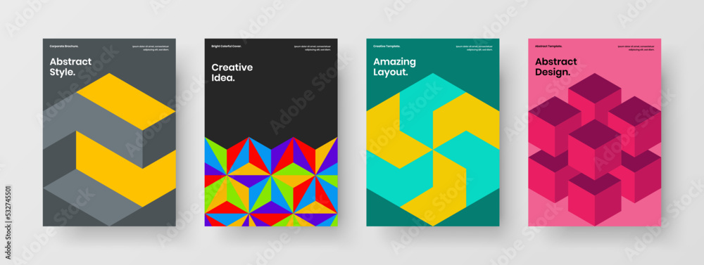 Colorful corporate brochure design vector layout collection. Bright geometric tiles magazine cover illustration bundle.