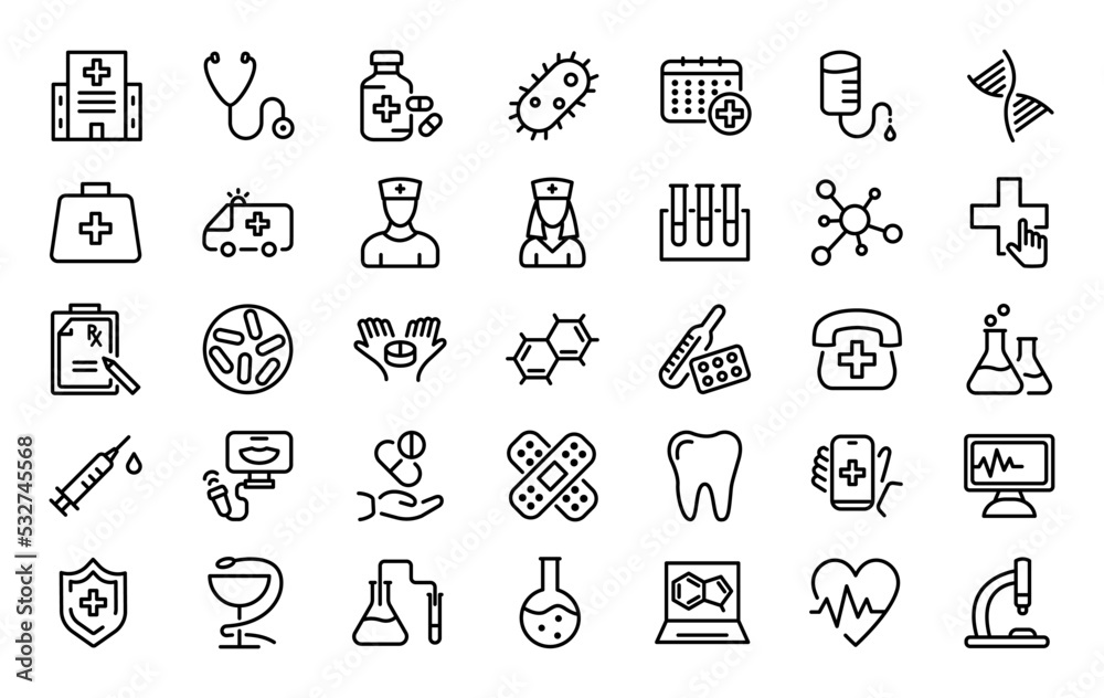 Set of 35 medical and healthcare icons in line style. Medical healthcare, pharmacy drugs, chemical formula, doctor, scientific discovery, syringe vaccination. Vector illustration.