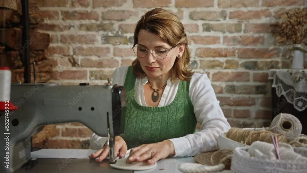 Woman tailor working on sewing machine smiling happy to camera while