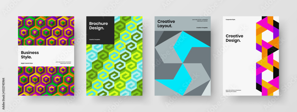 Colorful geometric tiles flyer layout collection. Clean presentation A4 vector design template set.