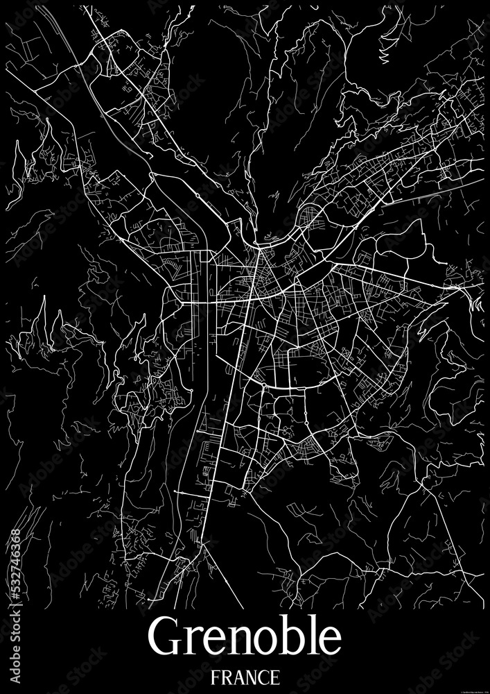 Black and White city map poster of Grenoble France.