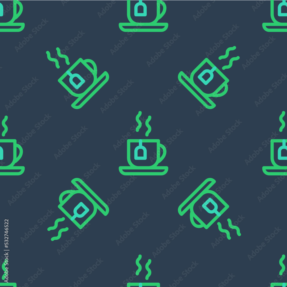 Line Cup of tea with tea bag icon isolated seamless pattern on blue background. Vector