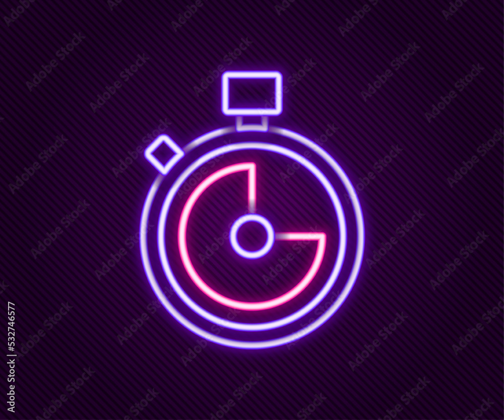 Glowing neon line Stopwatch icon isolated on black background. Time timer sign. Chronometer sign. Colorful outline concept. Vector Glowing neon line Stopwatch icon isolated on black background. Time timer sign. Chronometer sign. Colorful outline concept. Vector