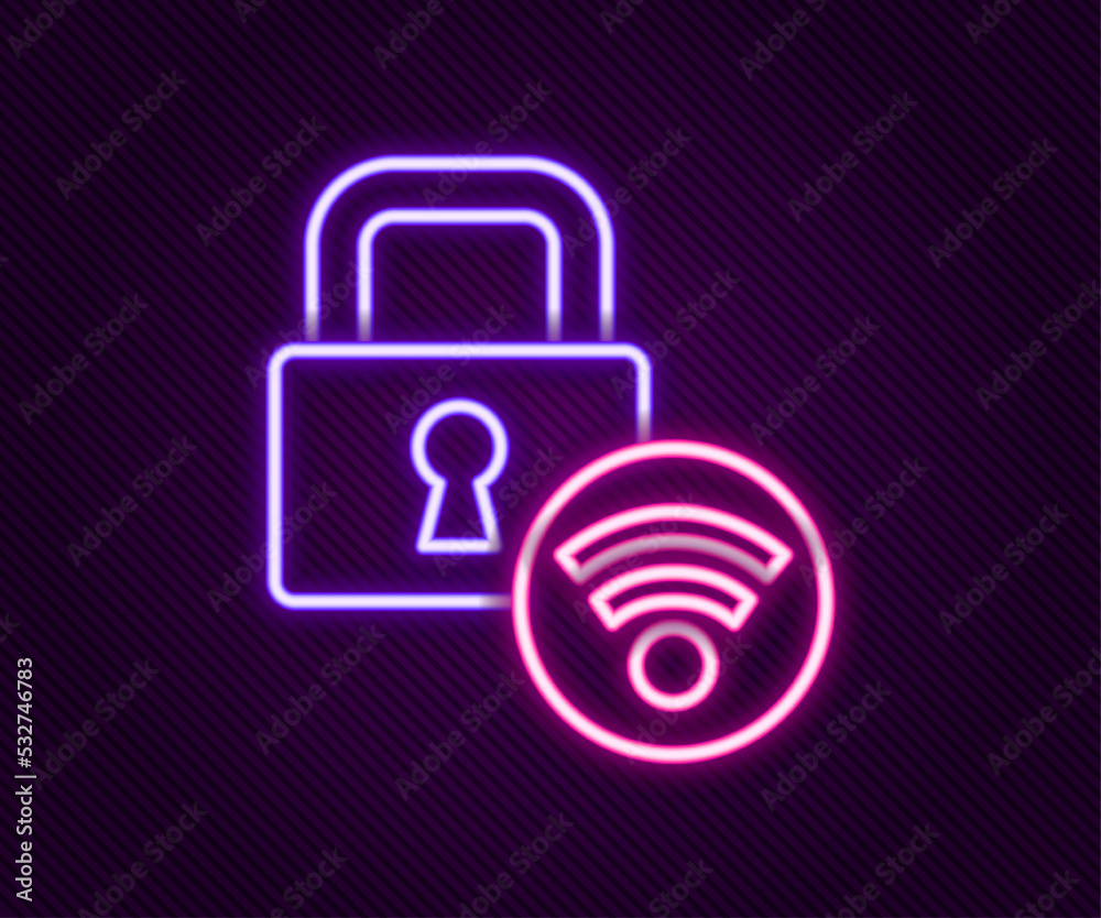 Glowing neon line Digital door lock with wireless technology for unlock icon isolated on black background. Door handle sign. Security smart home. Colorful outline concept. Vector