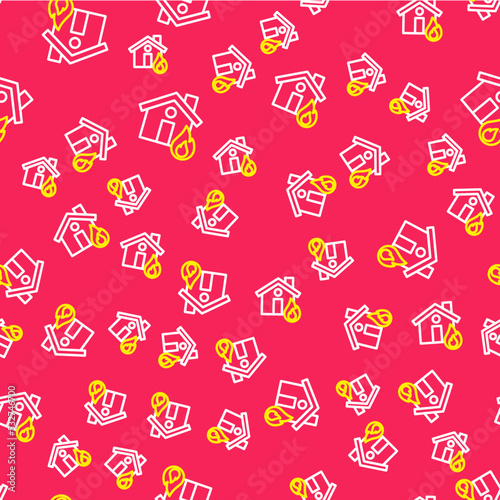 Line Fire in burning house icon isolated seamless pattern on red background. Vector