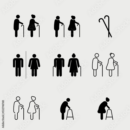 Icons vector set. Elder pictogram, symbol, set graphic black on white, old people sign.