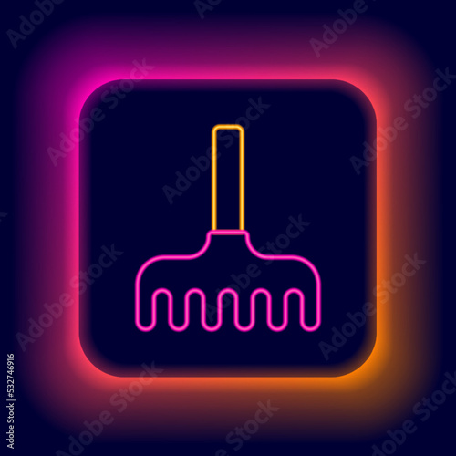 Glowing neon line Garden rake icon isolated on black background. Tool for horticulture, agriculture, farming. Ground cultivator. Colorful outline concept. Vector