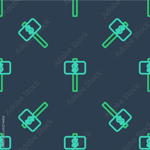 Line Hand holding auction paddle icon isolated seamless pattern on blue background. Bidding concept. Auction competition. Hands rising signs with BID inscriptions. Vector