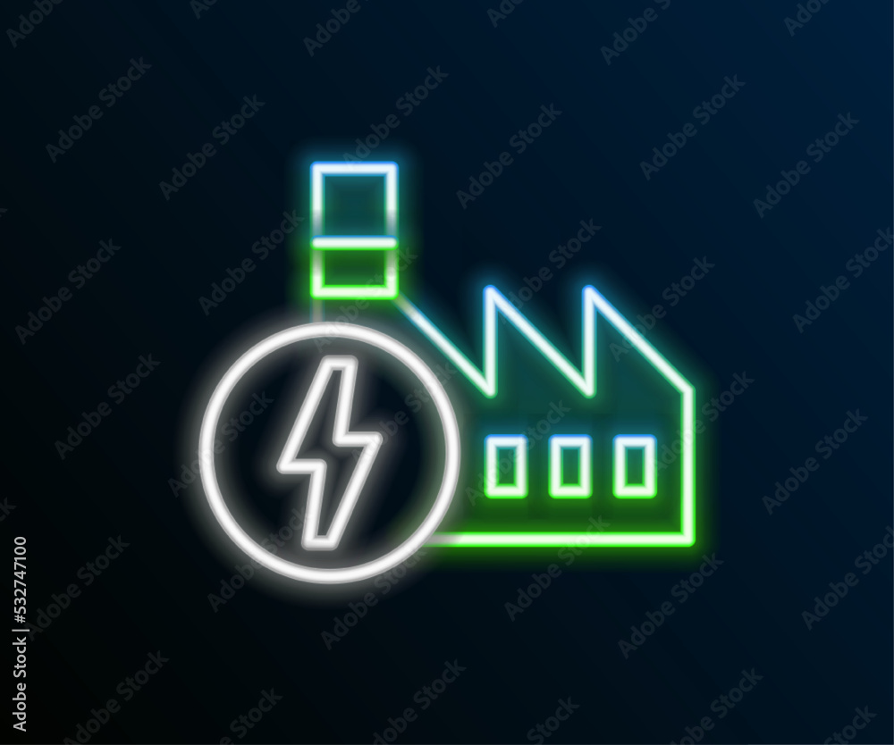 Glowing neon line Nuclear power plant icon isolated on black background. Energy industrial concept. Colorful outline concept. Vector Glowing neon line Nuclear power plant icon isolated on black background. Energy industrial concept. Colorful outline concept. Vector