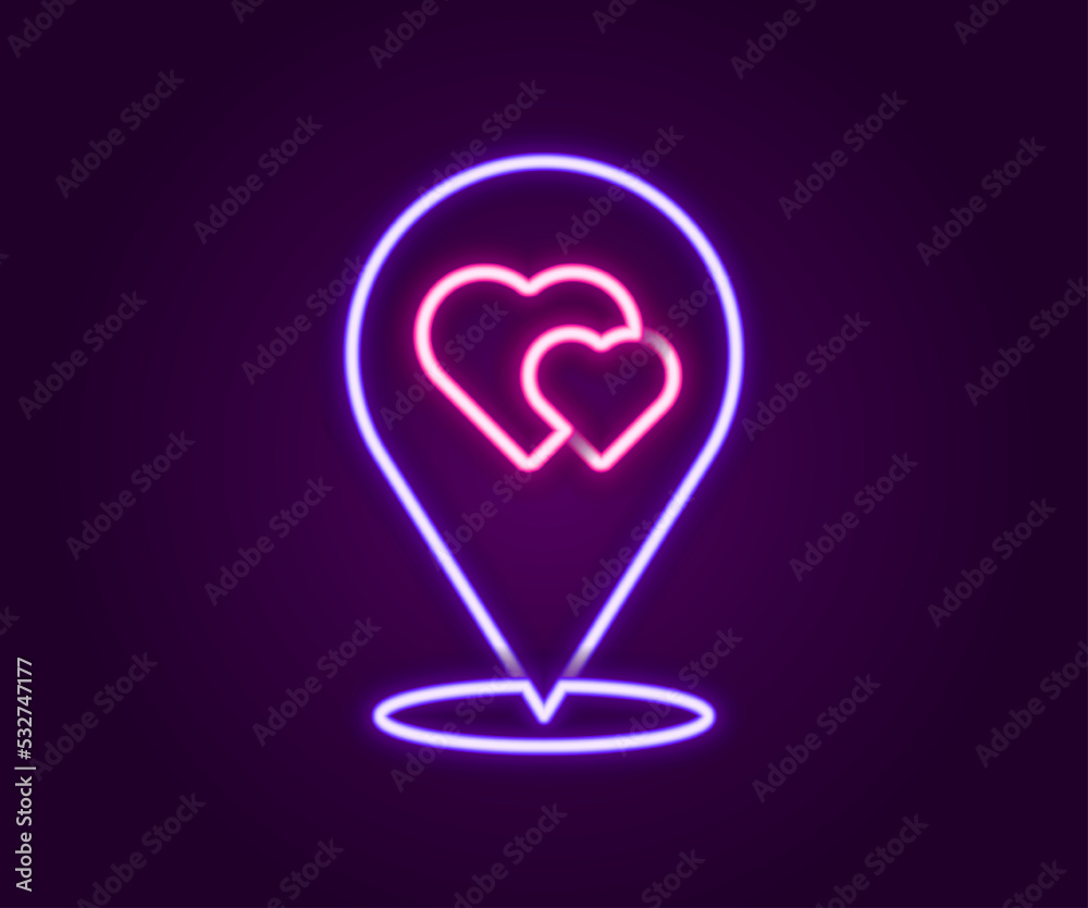 Glowing neon line Map pointer with heart icon isolated on black background. Valentines day. Love location. Romantic map pin. Colorful outline concept. Vector Glowing neon line Map pointer with heart icon isolated on black background. Valentines day. Love location. Romantic map pin. Colorful outline concept. Vector