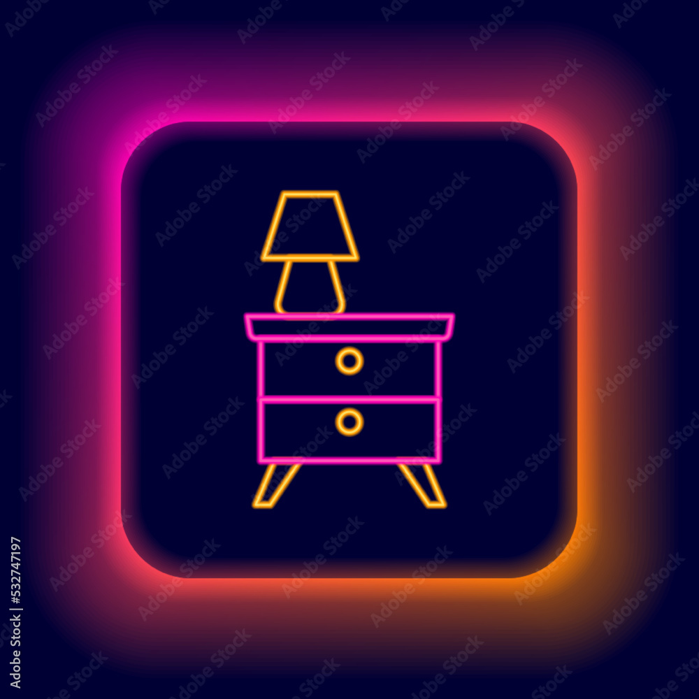 Glowing neon line Furniture nightstand with lamp icon isolated on black background. Colorful outline concept. Vector Glowing neon line Furniture nightstand with lamp icon isolated on black background. Colorful outline concept. Vector