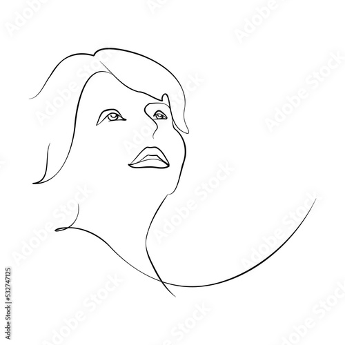 One continuous line hand drawn vector art with beautiful woman face in elegant curve. Black isolated on white background. Modern simplistic design for fashion, wall art, print, tattoo, cover, card.