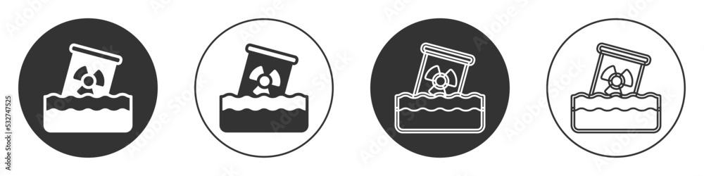 Black Radioactive waste in barrel icon isolated on white background. Toxic waste contamination on water. Environmental pollution. Circle button. Vector Black Radioactive waste in barrel icon isolated on white background. Toxic waste contamination on water. Environmental pollution. Circle button. Vector