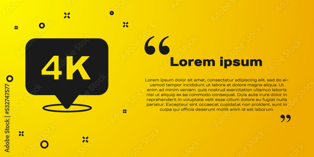 Black 4k Ultra HD icon isolated on yellow background. Vector
