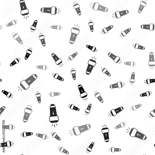 Black Flashlight icon isolated seamless pattern on white background. Vector