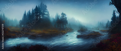 Artistic concept painting of a beautiful river landscape, background illustration.