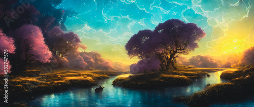 Artistic concept painting of a beautiful river landscape, background illustration. © 4K_Heaven