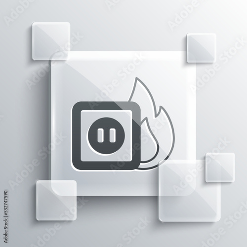 Grey Electric wiring of socket in fire icon isolated on grey background. Electrical safety concept. Plug outlet on fire. Square glass panels. Vector