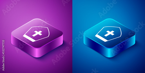 Isometric Pope hat icon isolated on blue and purple background. Christian hat sign. Square button. Vector
