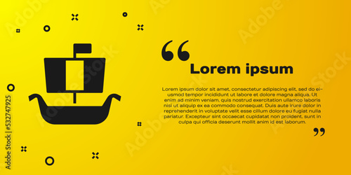 Black Ancient viking scandinavian drakkar icon isolated on yellow background. Viking transport ship. Vector