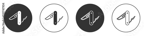 Black Swiss army knife icon isolated on white background. Multi-tool, multipurpose penknife. Multifunctional tool. Circle button. Vector