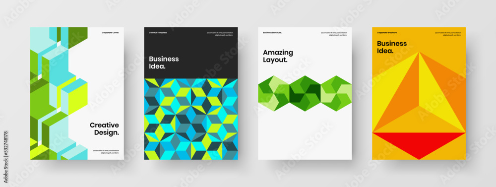 Modern mosaic hexagons placard concept set. Premium leaflet A4 design vector layout collection.