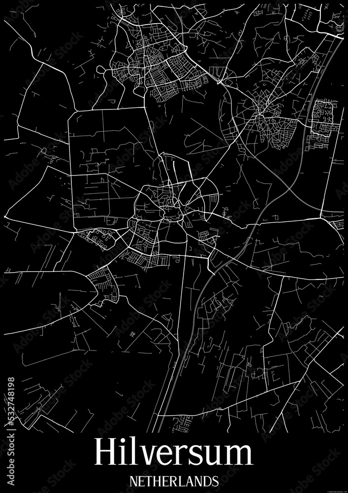 Black and White city map poster of Hilversum Netherlands.