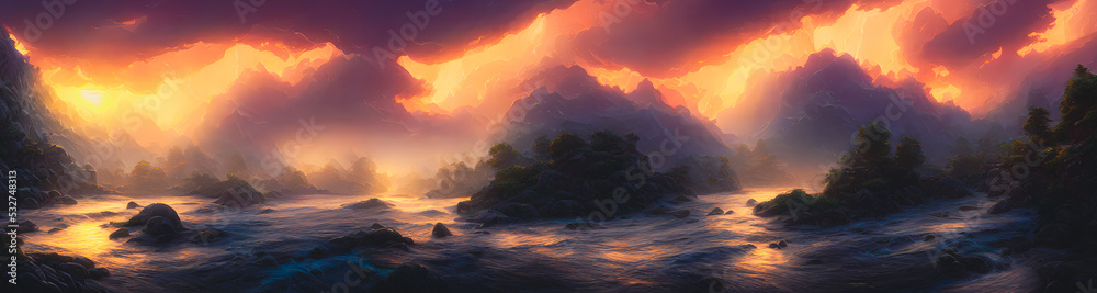 Fototapeta premium Artistic concept painting of a beautiful river landscape, background illustration