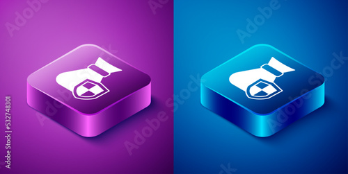 Isometric Money bag with shield icon isolated on blue and purple background. Insurance concept. Security, safety, protection, protect concept. Square button. Vector