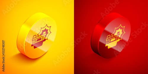 Isometric Car accident icon isolated on orange and red background. Insurance concept. Security, safety, protection, protect concept. Circle button. Vector