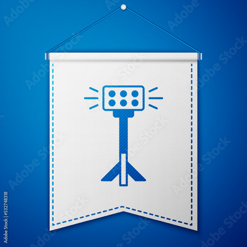 Blue Studio light bulb in softbox icon isolated on blue background. Shadow reflection design. White pennant template. Vector