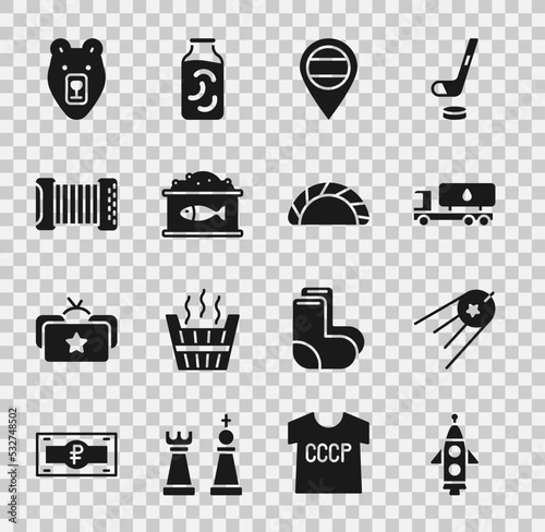 Set Rocket ship, Satellite, Tanker truck, Location Russia, Tin can with caviar, Accordion, Bear head and Dumpling icon. Vector