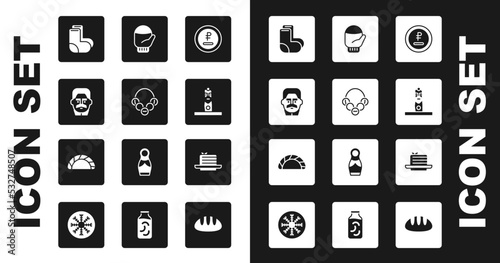 Set Rouble, ruble currency, Russian bagels, Joseph Stalin, Valenki, Slavic pagan idol, Christmas mitten, Medovik and Dumpling icon. Vector
