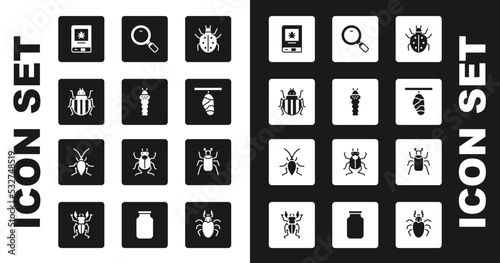 Set Mite, Larva insect, Colorado beetle, Book about, Butterfly cocoon, Magnifying glass, Beetle bug and Cockroach icon. Vector
