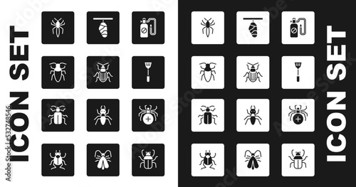 Set Pressure sprayer, Chafer beetle, Cockroach, Spider, Fly swatter, Butterfly cocoon, and icon. Vector