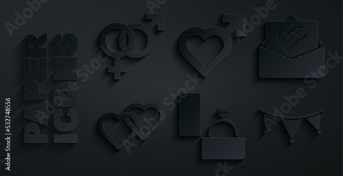 Set Diamond engagement ring, Greeting card, Two Linked Hearts, Carnival garland with flags, male gender and Gender icon. Vector