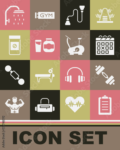 Set Sport training program, Dumbbell, Calendar fitness, Chest expander, Sports nutrition, Anabolic drugs, Shower head and Stationary bicycle icon. Vector