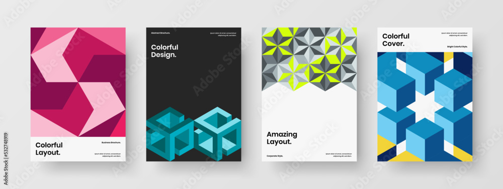 Bright mosaic hexagons leaflet illustration collection. Clean postcard A4 vector design concept bundle.